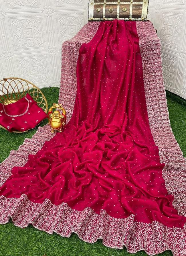 Blooming Vichtra Silk Hot Pink Party Wear Zari Work Saree